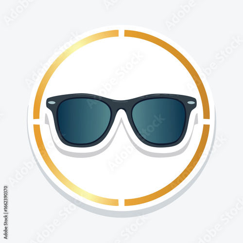 Sunglasses icon with a white outline and a golden circle around it, simple design.
