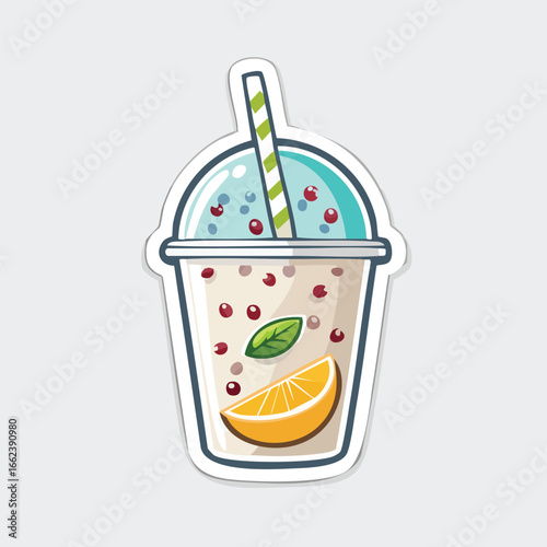 A refreshing and colorful cartoon illustration of a fruit smoothie with a straw and orange slice.