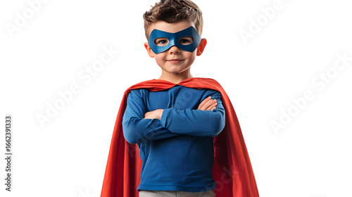A young boy dressed as a superhero with a blue mask and a red cape standing with arms crossed