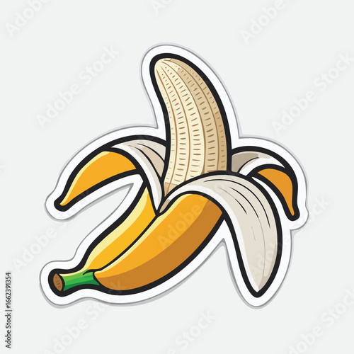 A vibrant illustration of a peeled banana, showcasing the fruit's yellow peel and white flesh.