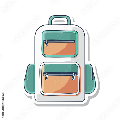 Cartoon illustration of a backpack with multiple pockets and a handle for carrying items.