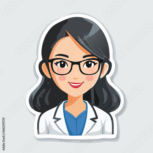 Cartoon illustration of a smiling female doctor wearing glasses and a white coat.