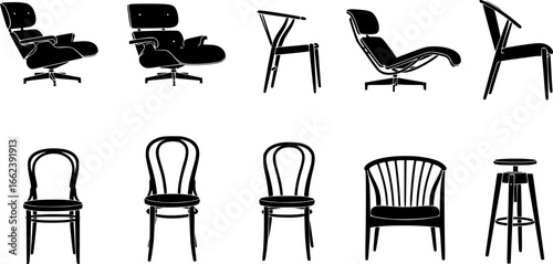 Chair Silhouettes: Minimalist Furniture Designs in Black and White Vector Art