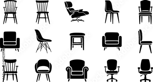 Chair Silhouettes: Minimalist Furniture Designs in Black and White Vector Art