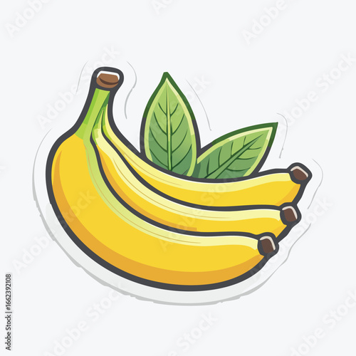 A detailed illustration of a bunch of ripe yellow bananas with green leaves, a healthy fruit.