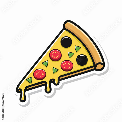 A detailed illustration of a delicious pizza slice with toppings, cheese, and a crispy crust.