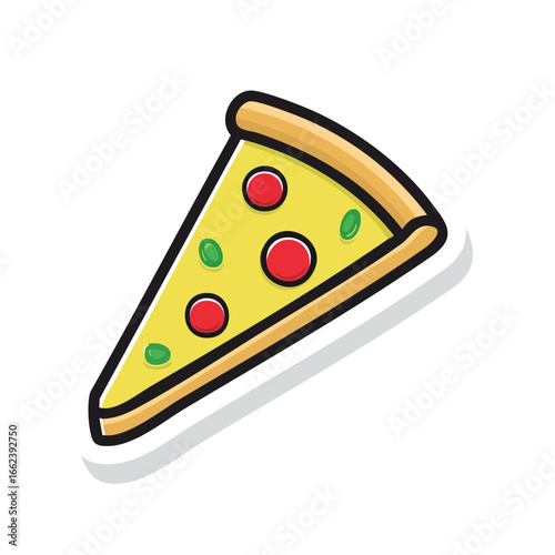 A cartoon illustration of a single slice of pizza with toppings, isolated on white.