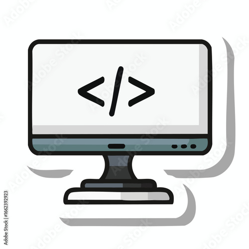 A computer monitor displaying code symbols, representing software development and technology.