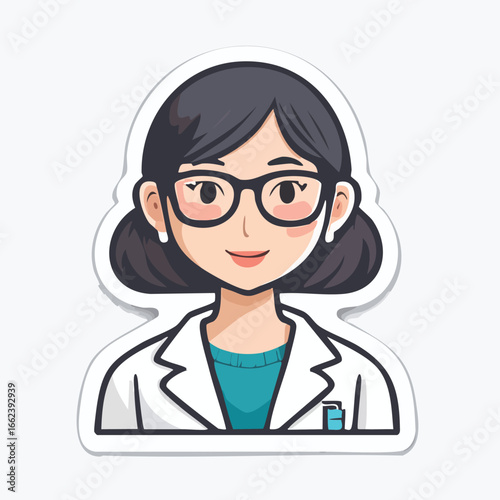 Illustration of a female scientist wearing glasses and a lab coat, smiling confidently.