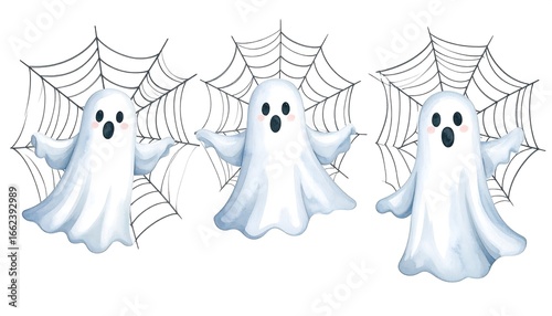 Three cute cartoon ghosts under spiderwebs