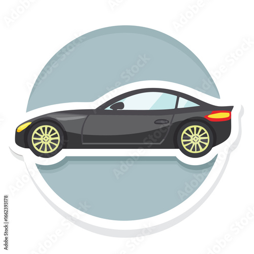 Side view of a sleek black sports car with yellow wheels and a modern design.