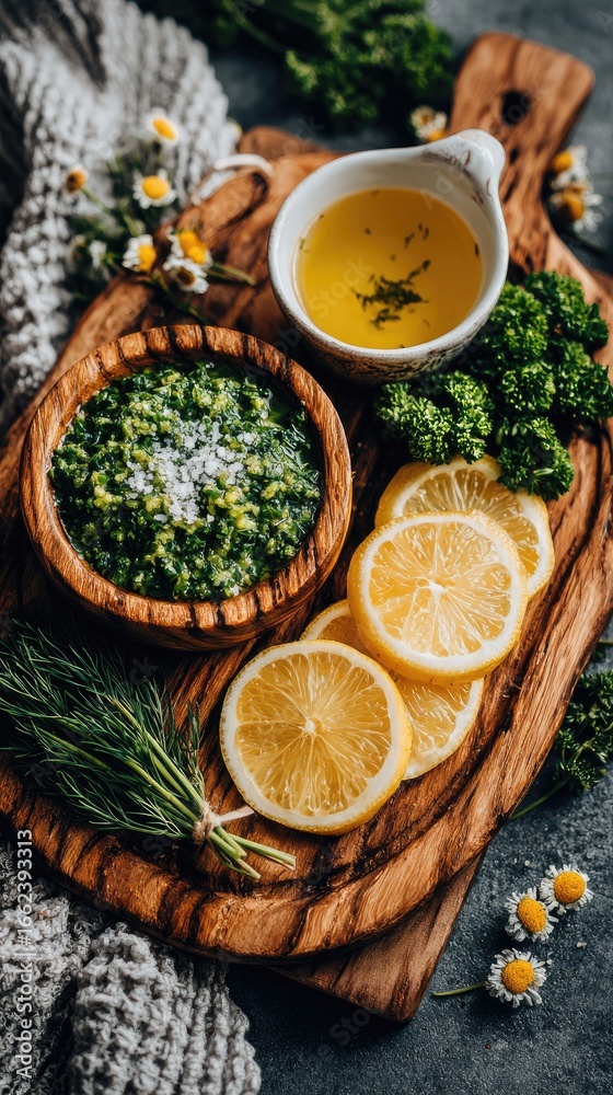Culinary Composition with Greens Lemons and Sauce Culinary Composition with Greens Lemons and Sauce