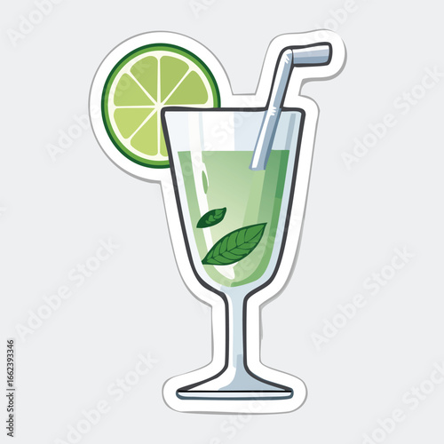 A refreshing green cocktail with lime slice, mint leaves, and a straw in a tall glass.