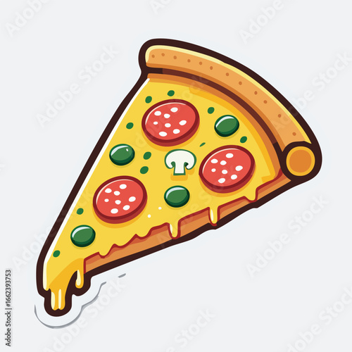 A delicious slice of pizza with pepperoni, mushrooms, and green olives, ready to eat.