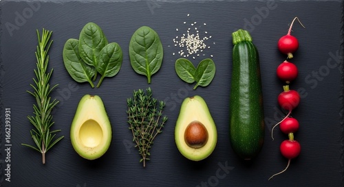 Artful Arrangement of Fresh Green Vegetables, Avocado, and Herbs in a Meticulous Flat Lay on Slate.