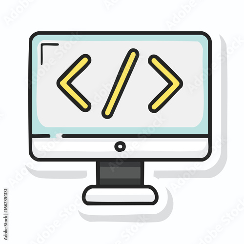 A computer monitor displaying code symbols, representing software development and programming.