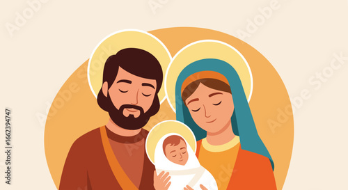Flat vector illustration of Holy Family with Mary, Joseph and baby Jesus in religious icon style. Concept of Christianity, nativity and family faith

