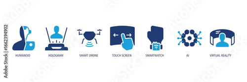 Futuristic Lifestyle Glyph dual tone Icons Web Banner– Humanoid, Hologram, Smart Drone, Touch Screen, Smartwatch, AI, Virtual Reality