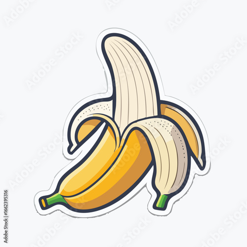 A detailed illustration of a peeled banana, showcasing its yellow fruit and peel.