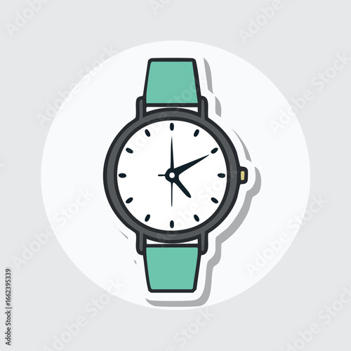 A detailed illustration of a wristwatch with a white face, black hands, and a green strap.