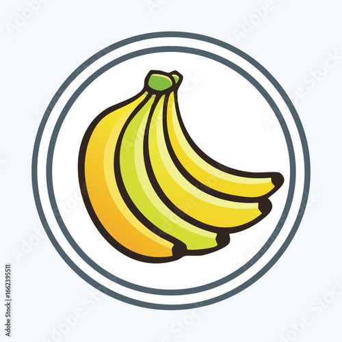 A detailed illustration of a bunch of ripe bananas inside a circular frame.