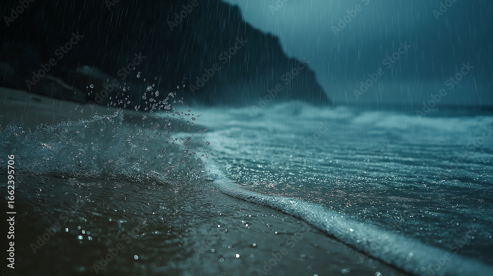 Naklejka premium Rain falling on a beach with waves and a dark cliff