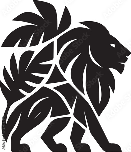 Abstract lion silhouette formed from overlapping jungle leaves, geometric symmetry and bold contrast