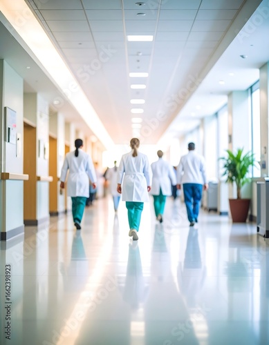 Hospital hallway with medical professionals