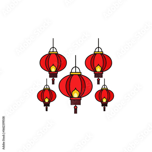 A collection of five hanging red Chinese lanterns with glowing flames golden accents and tassels in a flat icon style.