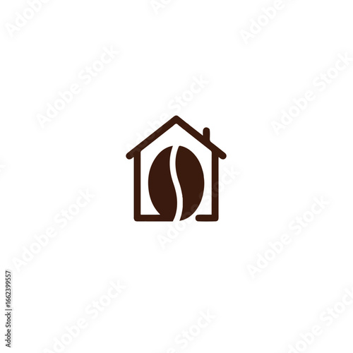 A minimalist brown logo featuring a single coffee bean inside a simple house outline.