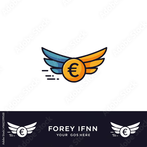 A fast flying Euro coin logo with stylized blue and orange wings symbolizing rapid money transfer and financial freedom.