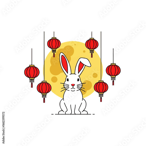 A cute white rabbit with one floppy ear sits before a yellow moon surrounded by hanging red Chinese lanterns.