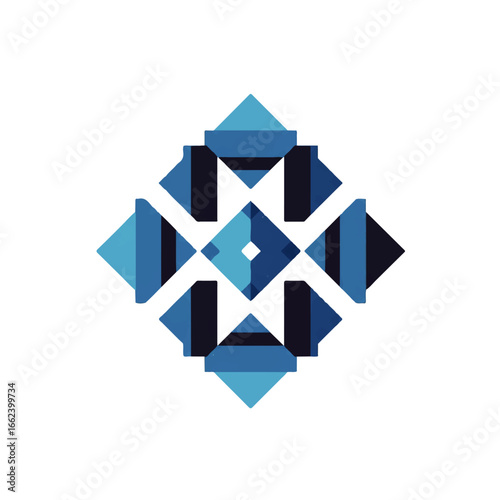 Abstract diamondshaped geometric emblem with layered folded paper effect in shades of blue.