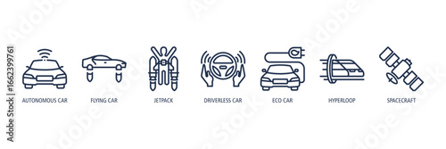 Future Transportation Outline Icons Web Banner – Autonomous Car, Flying Car, Jetpack, Driverless Car, Eco Car, Hyperloop, Spacecraft