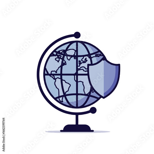 Blue vector illustration of a world globe on a stand with a protective security shield representing global protection.