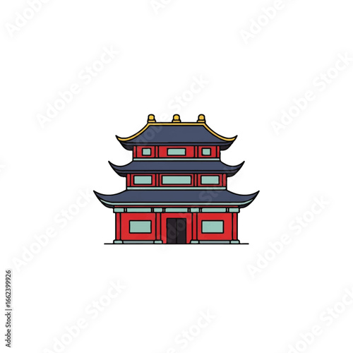 Colorful cartoon illustration of a traditional threestory Chinese pagoda with blue roofs and red walls.