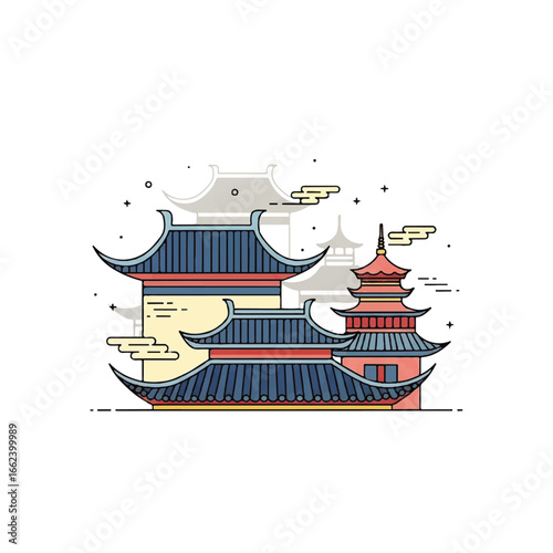 Colorful line art illustration of a traditional Asian temple complex with a pagoda and curved roofs.