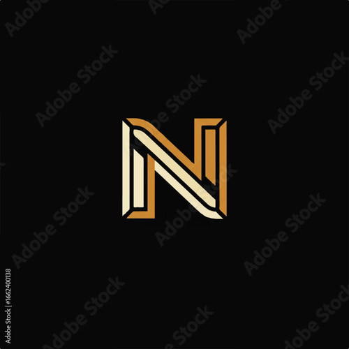 Elegant Art Deco style letter N monogram with chiseled gold and cream parallel lines.