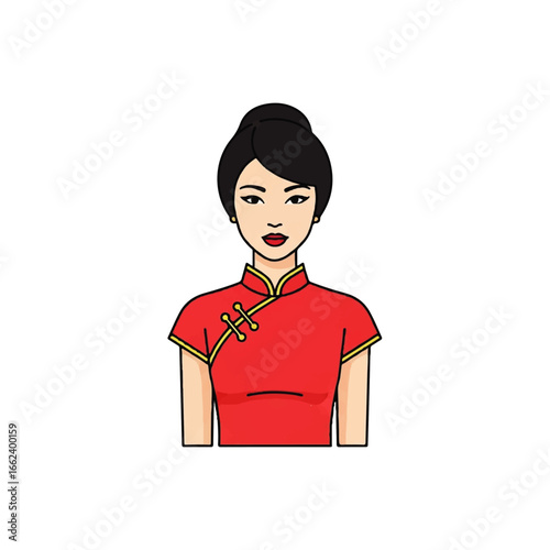 Elegant Asian woman with a hair bun wearing a traditional red qipao dress.