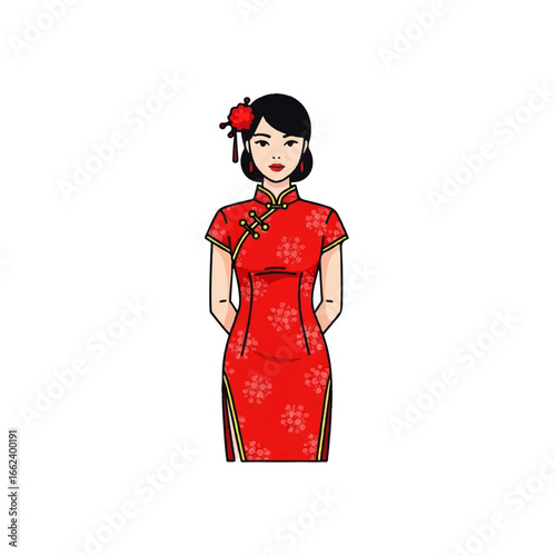 Elegant Chinese woman in a traditional red floral cheongsam dress with a flower hairpin 1.