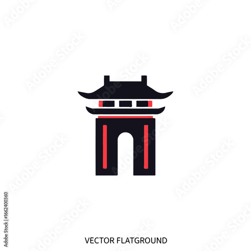 Flat vector icon of a traditional Asian gate with a dark curved roof red accents and an arched entrance.