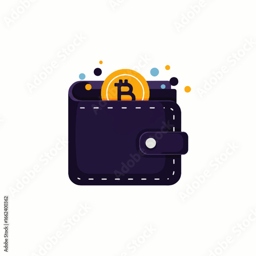 Flat vector illustration of a dark blue wallet holding a golden Bitcoin cryptocurrency coin.