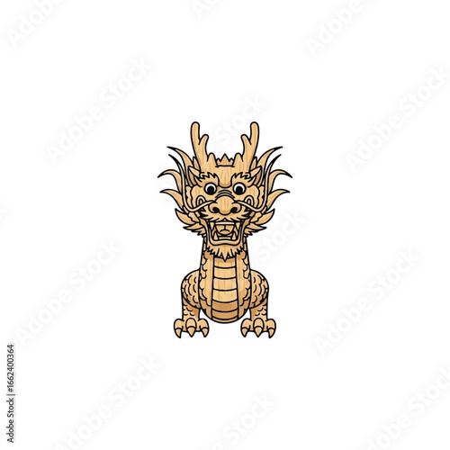 Frontfacing illustration of a stylized wooden Chinese dragon with an open mouth and intricate details.