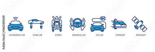Future Transportation Outline blue Icons Web Banner – Autonomous Car, Flying Car, Jetpack, Driverless Car, Eco Car, Hyperloop, Spacecraft