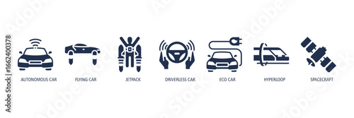 Future Transportation glyph Icons Web Banner – Autonomous Car, Flying Car, Jetpack, Driverless Car, Eco Car, Hyperloop, Spacecraft