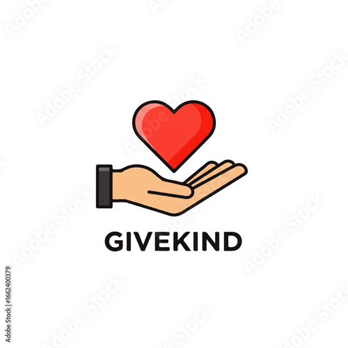 Givekind logo with a stylized hand holding a red heart a symbol of charity love and support.
