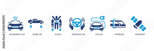 Future Transportation glyph duotone Icons Web Banner – Autonomous Car, Flying Car, Jetpack, Driverless Car, Eco Car, Hyperloop, Spacecraft