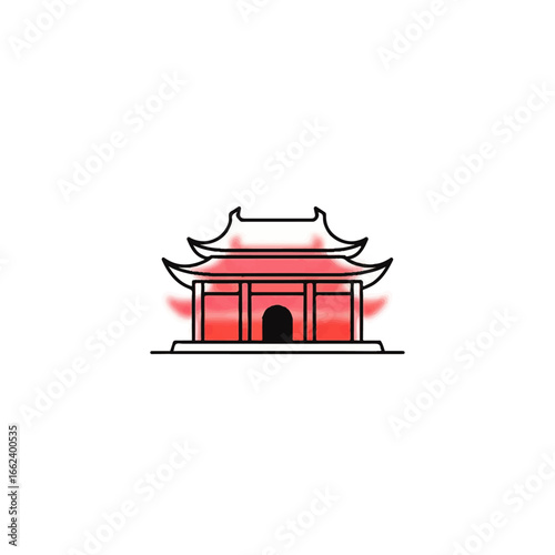 Minimalist Asian temple illustration with red watercolor wash and black line art.
