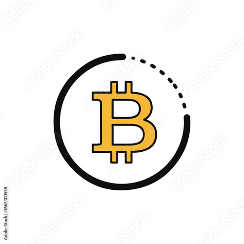 Minimalist Bitcoin cryptocurrency icon featuring a golden B symbol inside a dashed black circular frame.