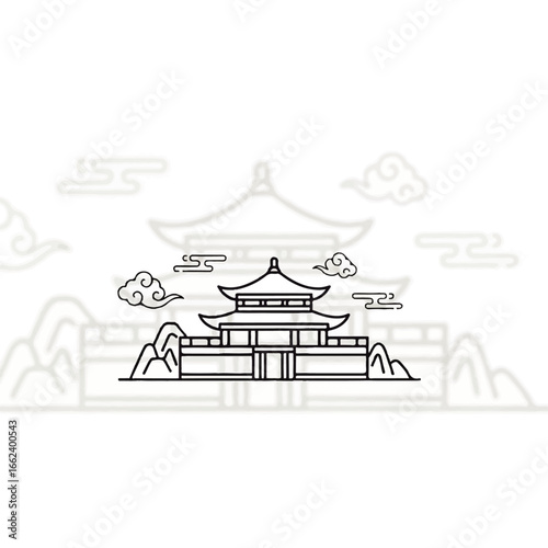 Minimalist black line art illustration of a traditional Korean palace with stylized clouds.